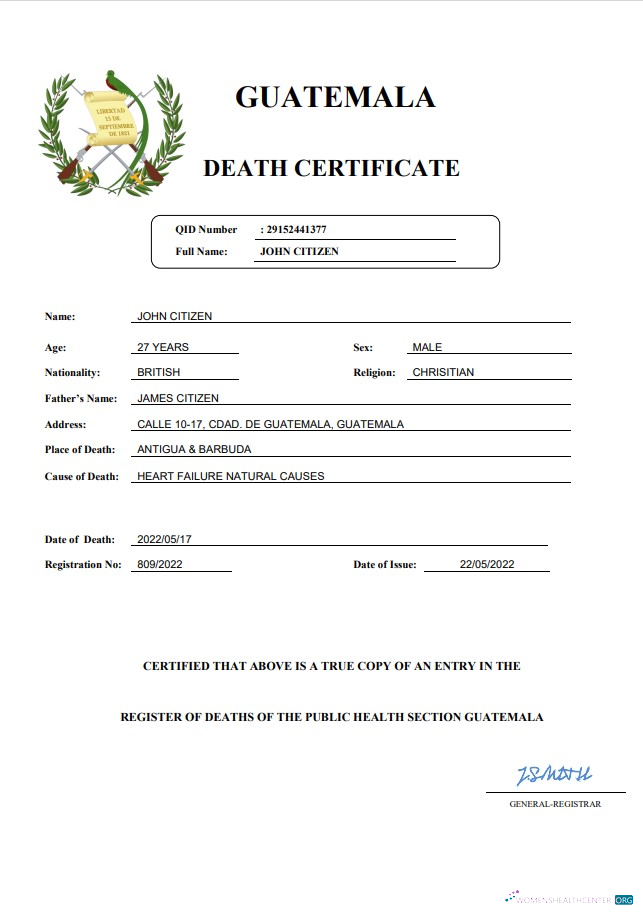 Download Guatemala death certificate Word and PDF template Photoshop template